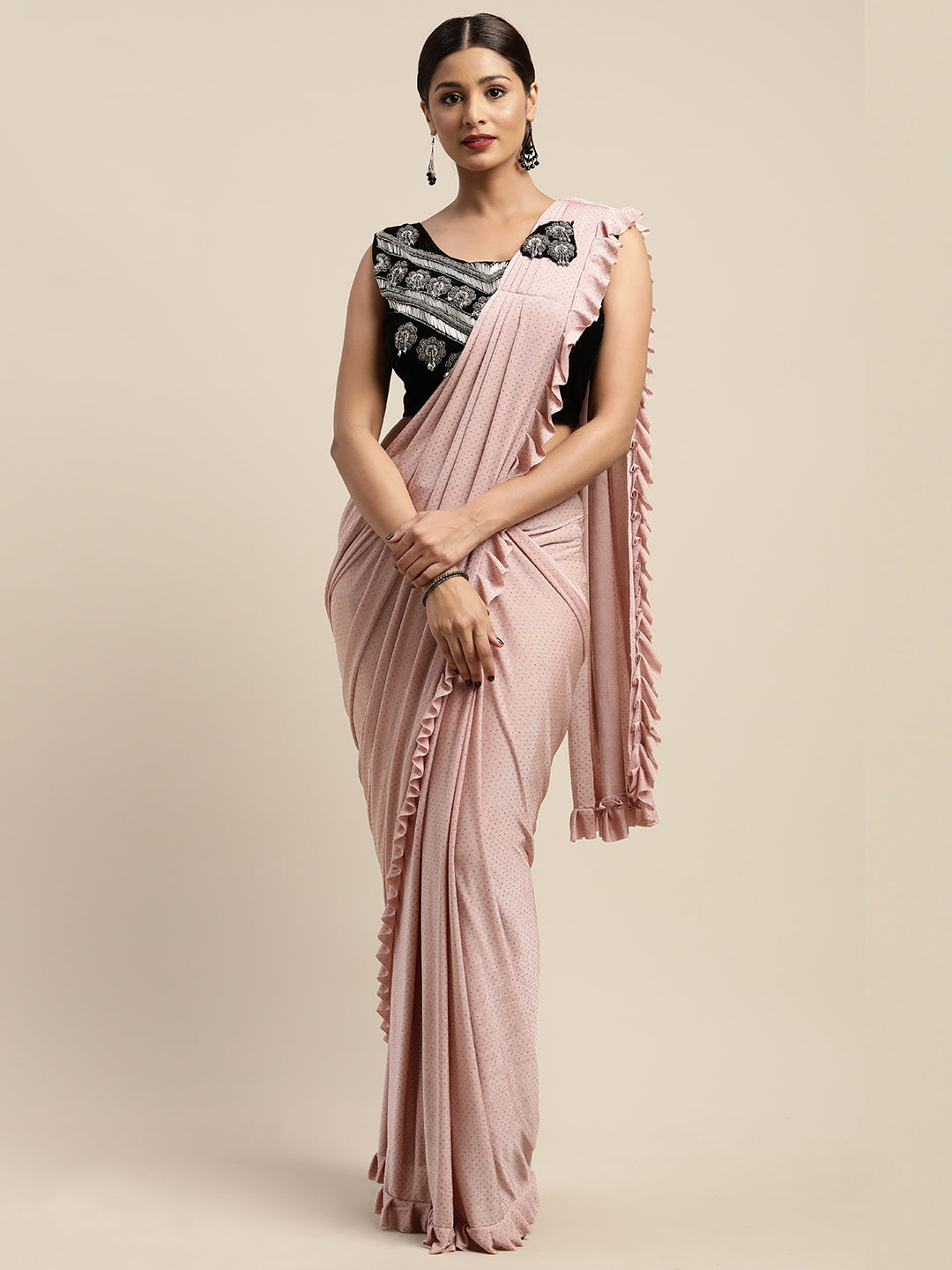 Neerus Peach Embellished Ready To Wear Saree With Blouse