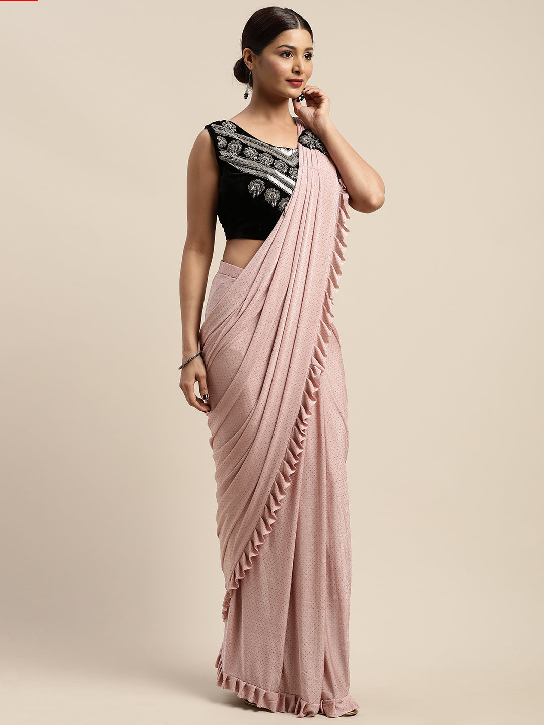 Neerus Peach Embellished Ready To Wear Saree With Blouse