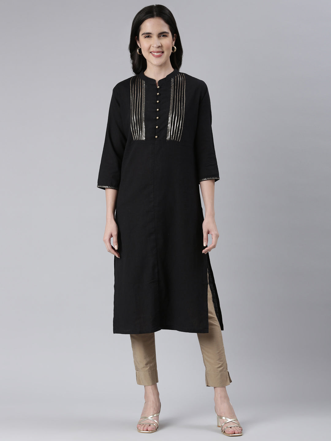 Neerus Black Straight Solid Cotton Kurtas