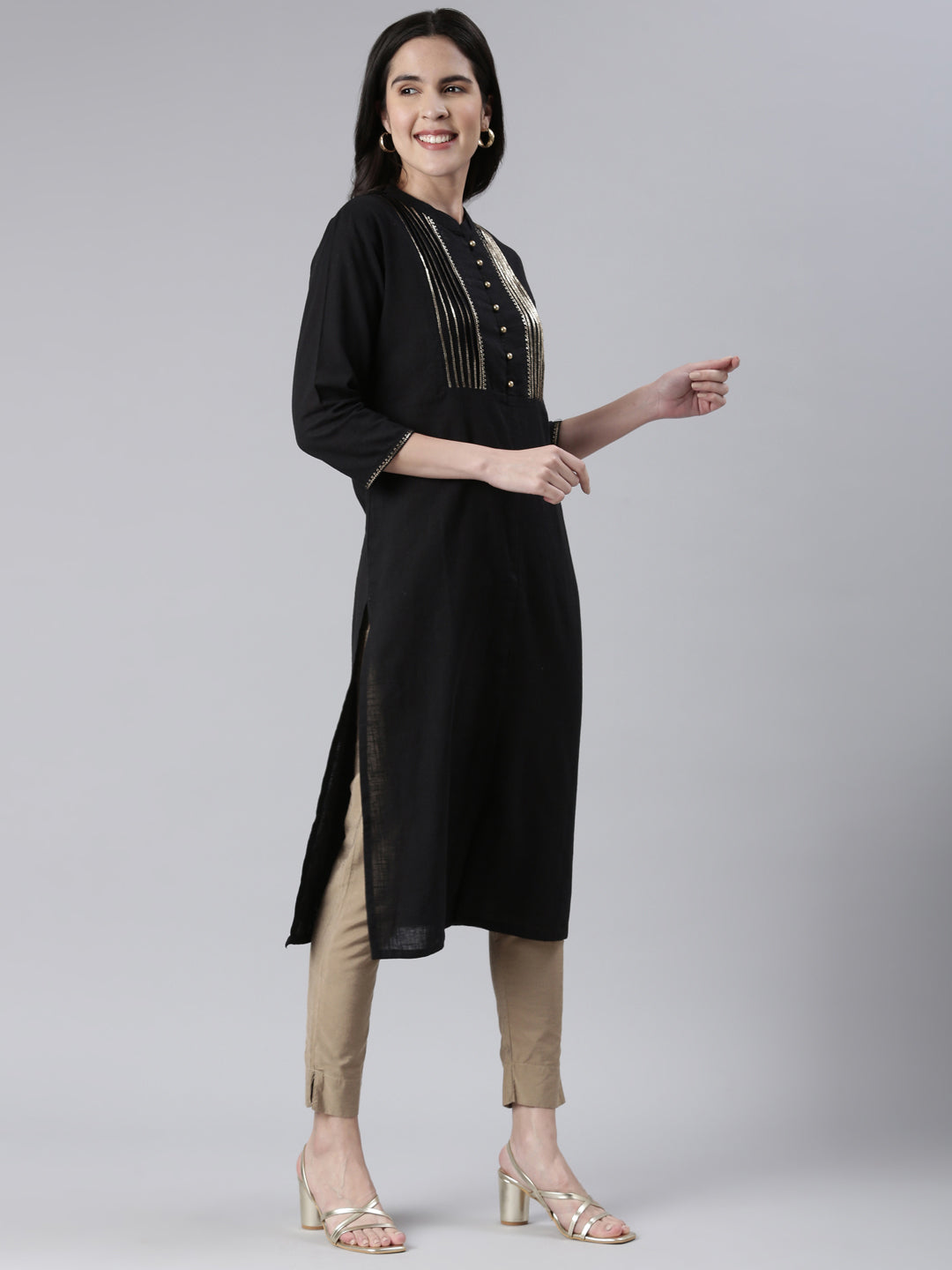 Neerus Black Straight Solid Cotton Kurtas