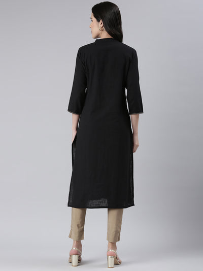 Neerus Black Straight Solid Cotton Kurtas
