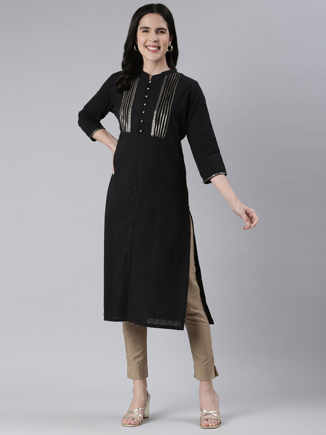 Neerus Black Straight Solid Cotton Kurtas