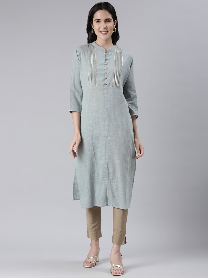 Neerus Blue Straight Solid Cotton Kurtas