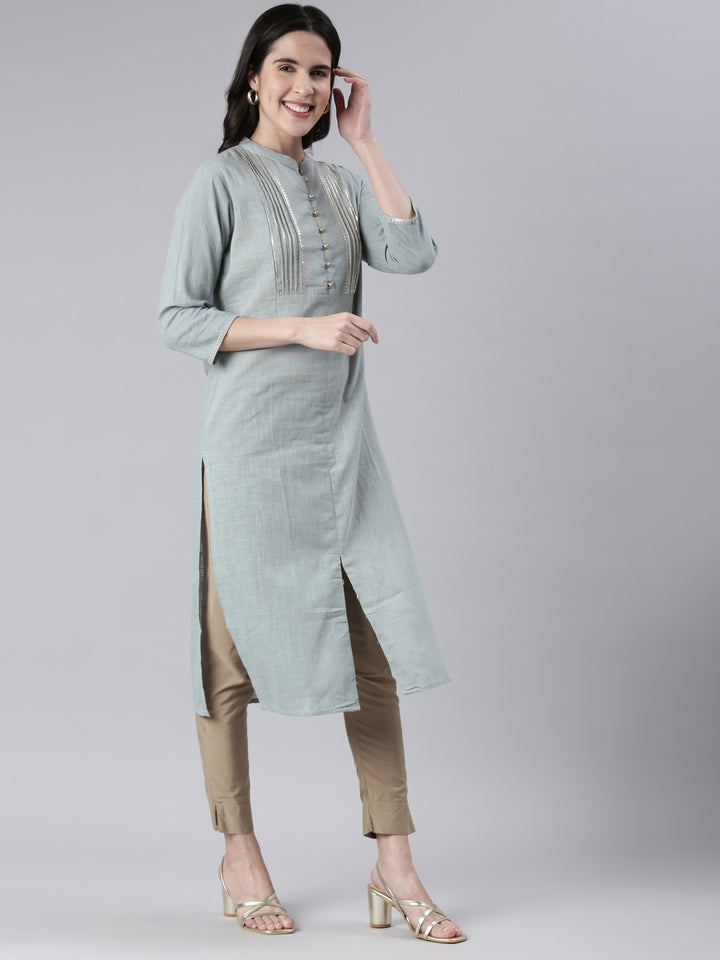 Neerus Blue Straight Solid Cotton Kurtas