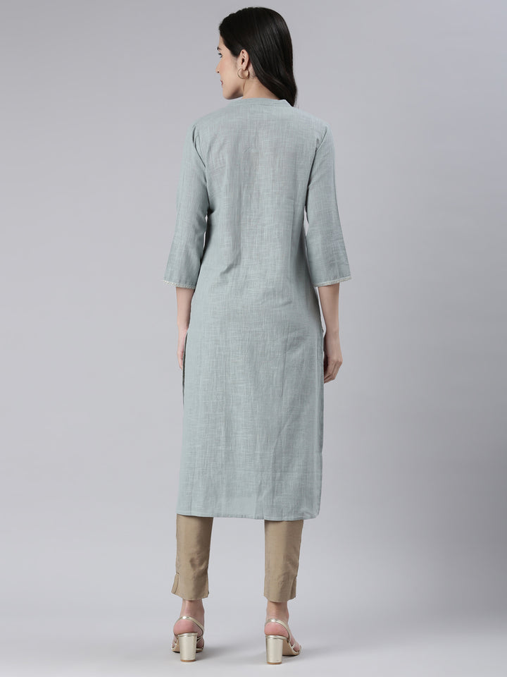 Neerus Blue Straight Solid Cotton Kurtas