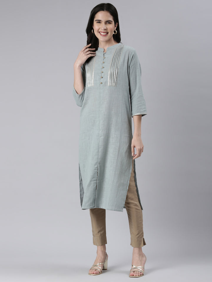 Neerus Blue Straight Solid Cotton Kurtas