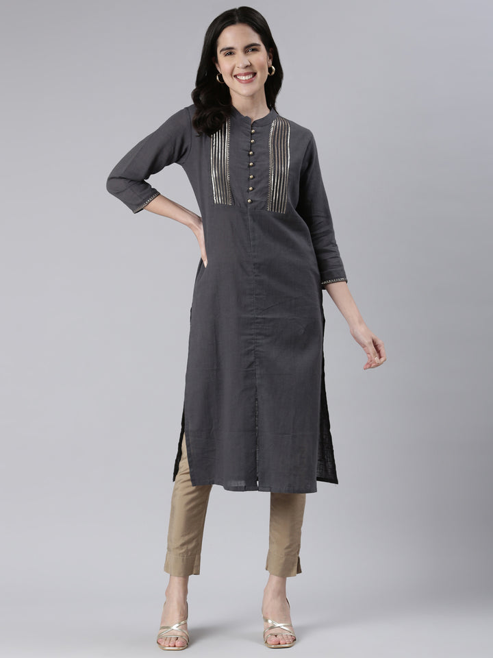 Neerus Grey Straight Solid Cotton Kurtas
