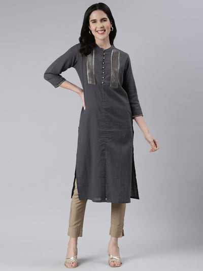 Neerus Grey Straight Solid Cotton Kurtas