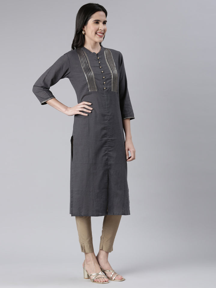 Neerus Grey Straight Solid Cotton Kurtas