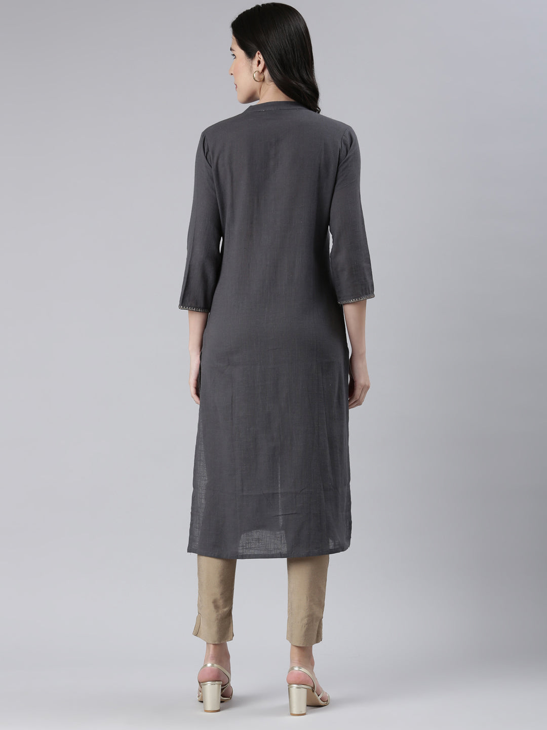 Neerus Grey Straight Solid Cotton Kurtas