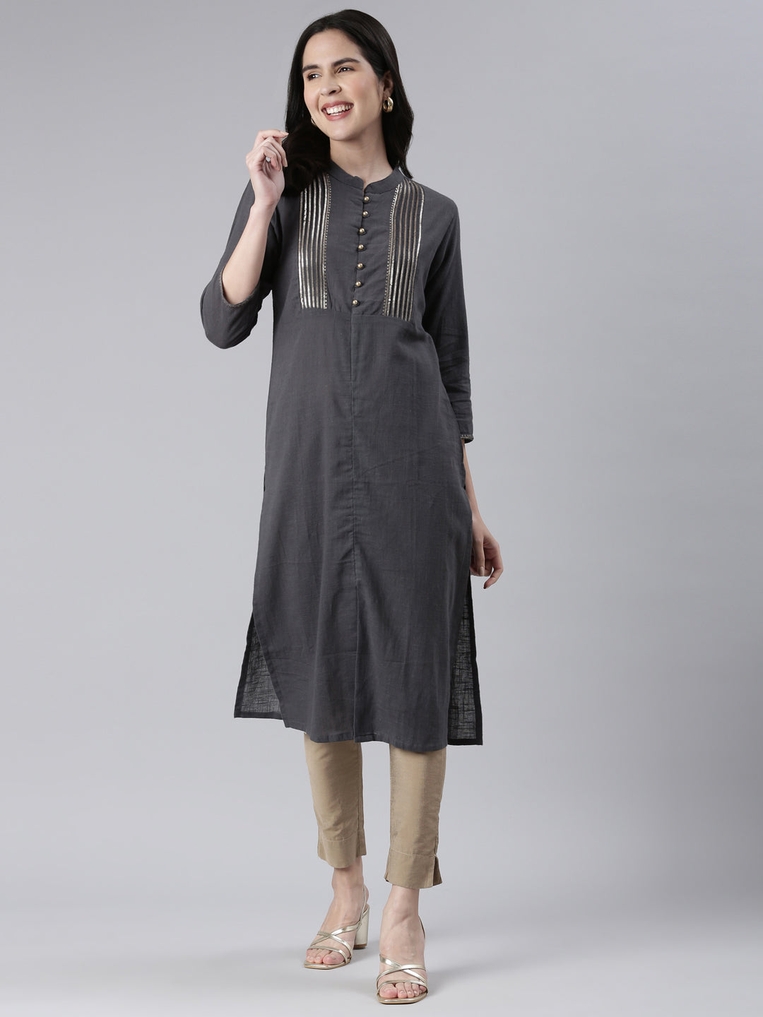 Neerus Grey Straight Solid Cotton Kurtas