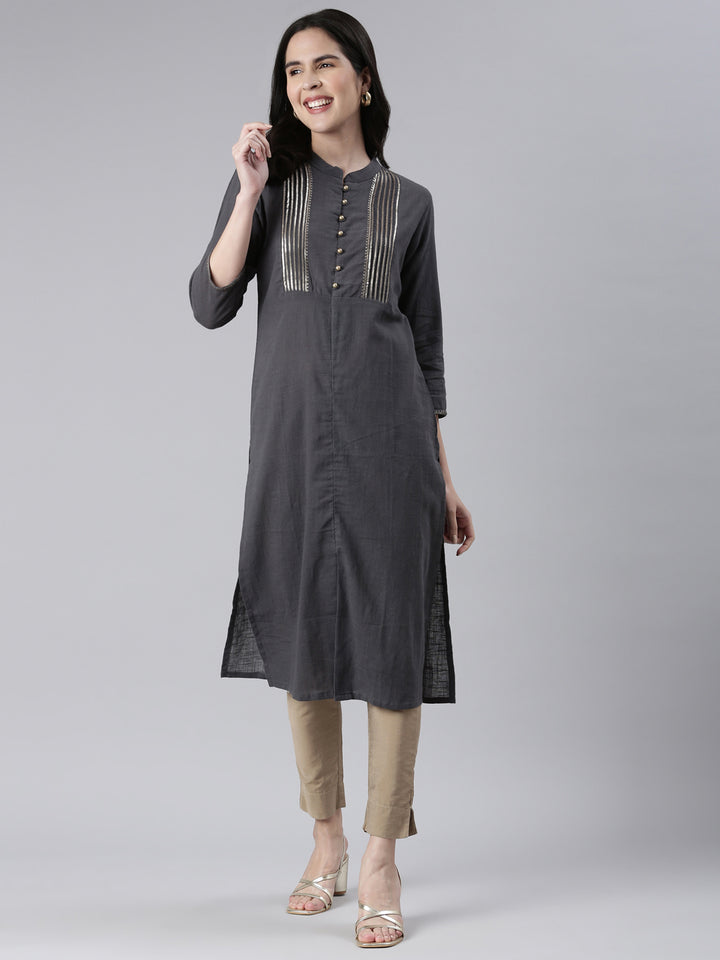 Neerus Grey Straight Solid Cotton Kurtas
