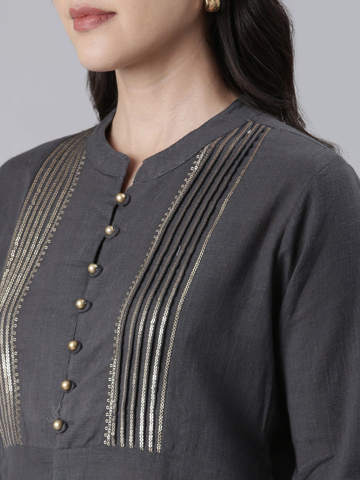 Neerus Grey Straight Solid Cotton Kurtas