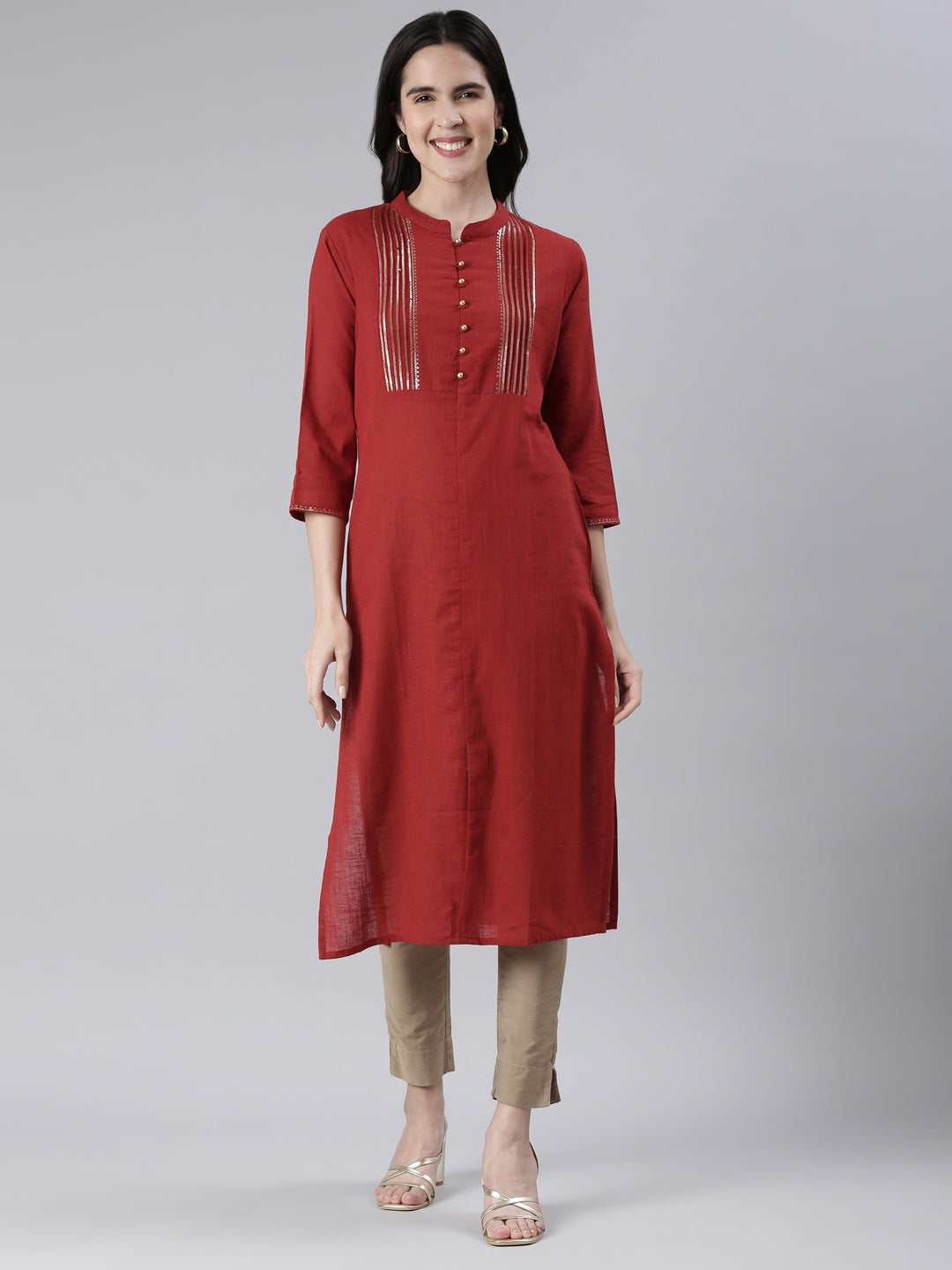Neerus Maroon Straight Solid Cotton Kurtas