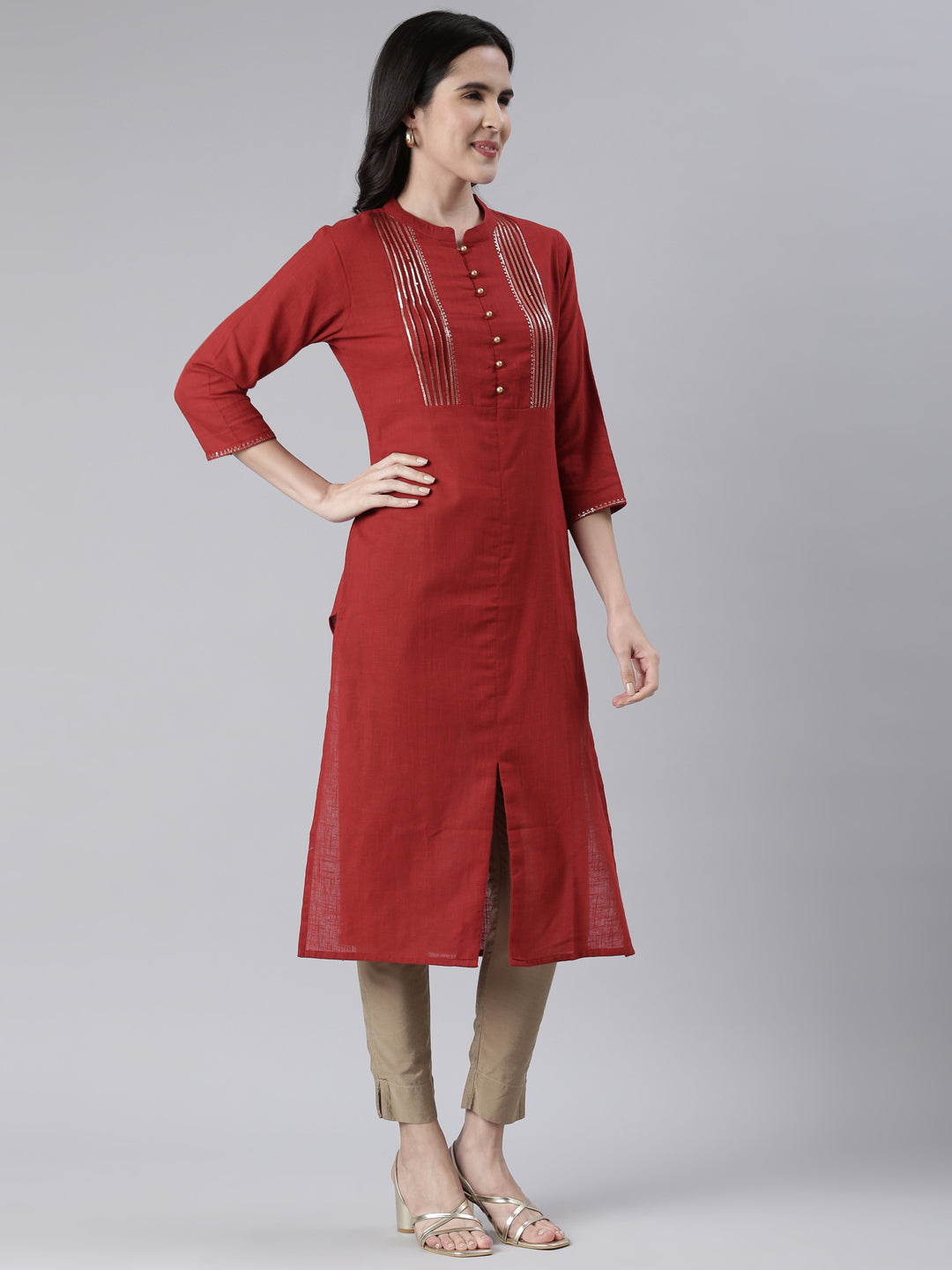 Neerus Maroon Straight Solid Cotton Kurtas