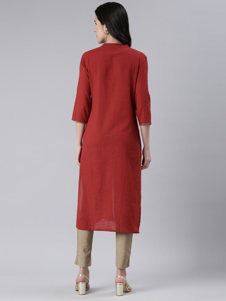 Neerus Maroon Straight Solid Cotton Kurtas