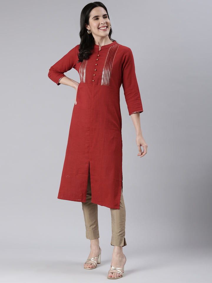 Neerus Maroon Straight Solid Cotton Kurtas