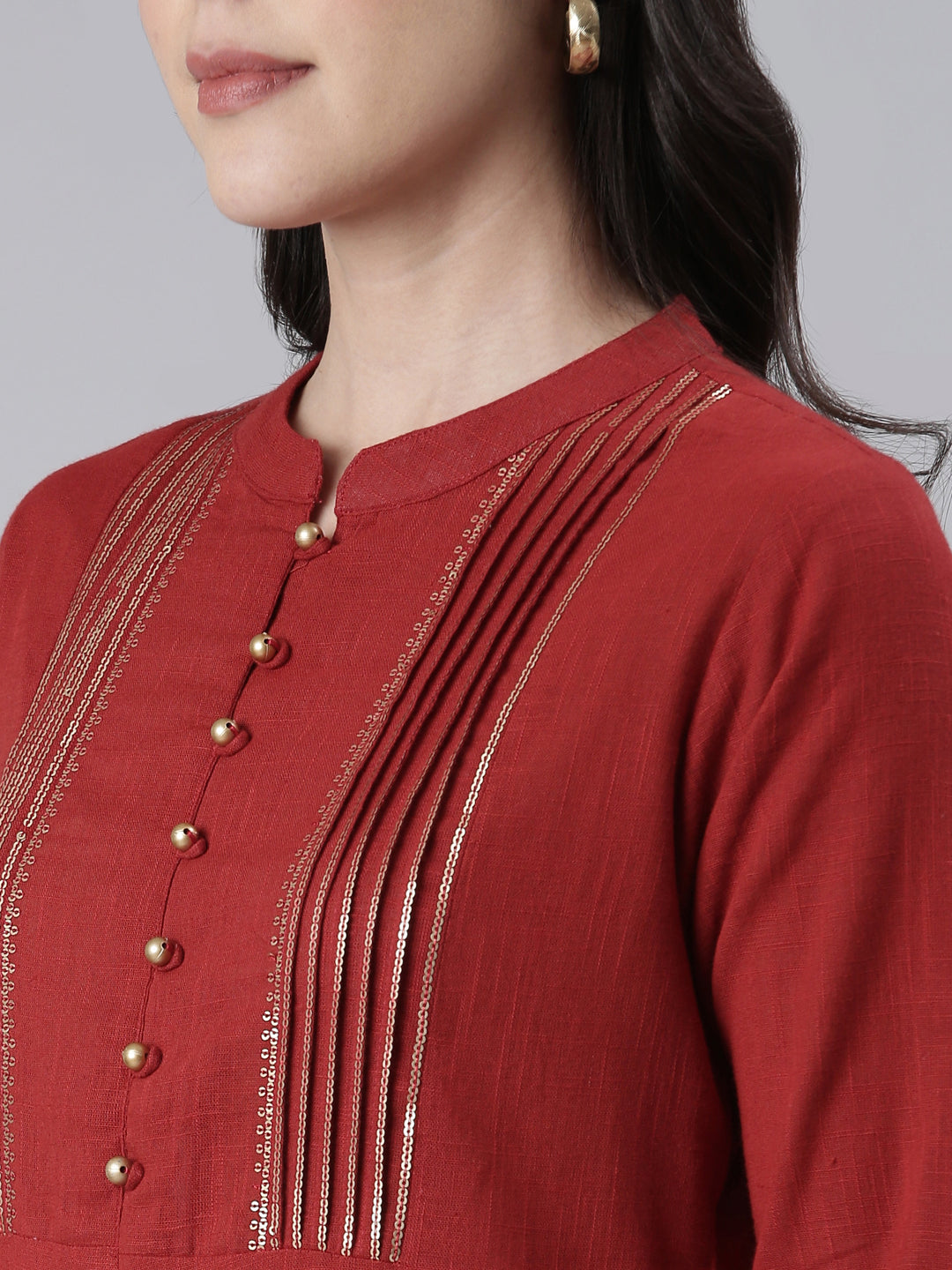 Neerus Maroon Straight Solid Cotton Kurtas