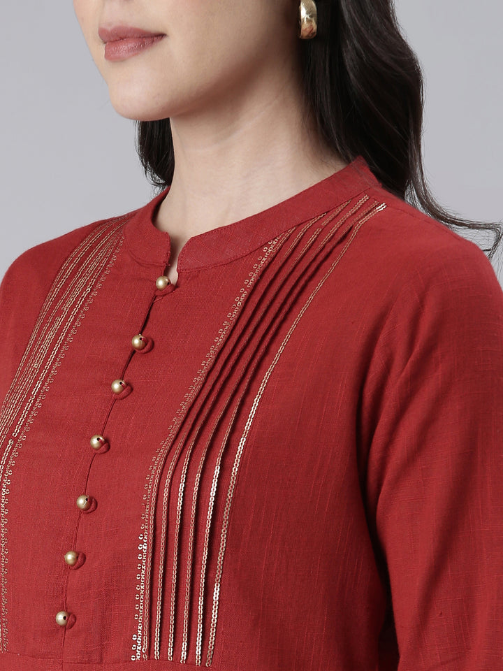Neerus Maroon Straight Solid Cotton Kurtas