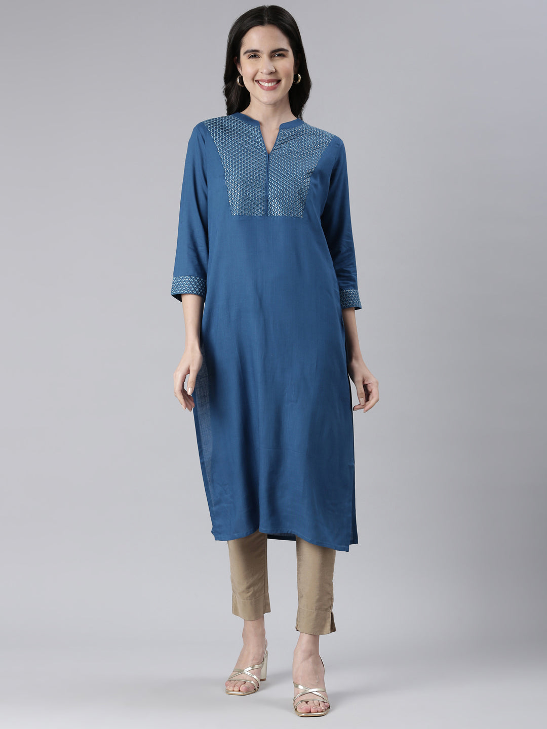 Neerus Blue cotton solid straight kurti - front view