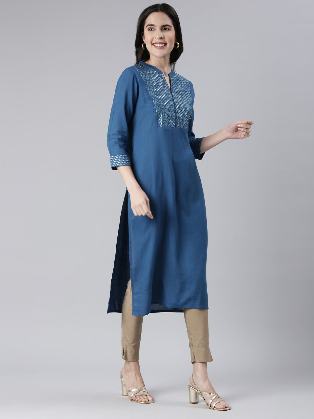 Neerus Blue cotton solid straight kurti - back view