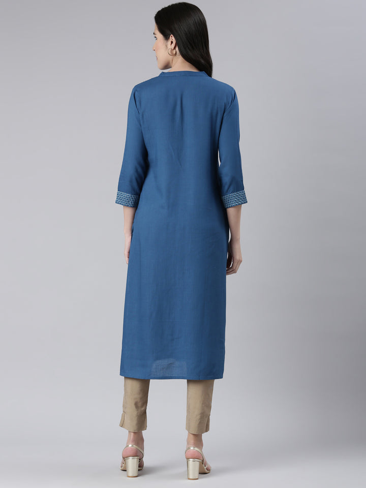 Neerus Blue cotton solid straight kurti - side view