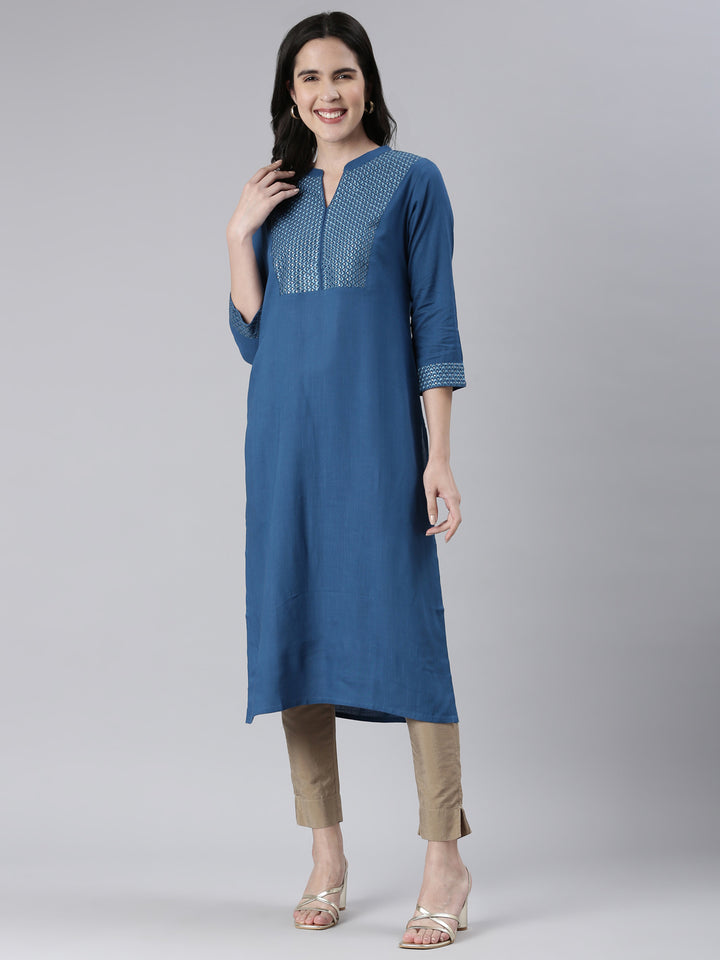 Neerus Blue cotton solid straight kurti - detail view 2