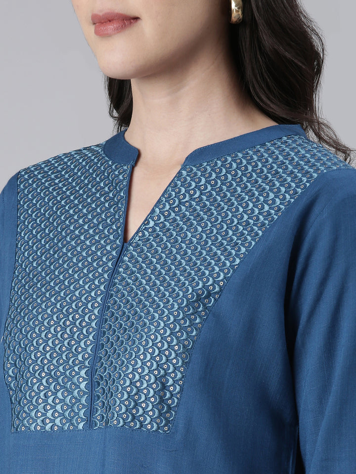 Neerus Blue cotton solid straight kurti - detail view 1