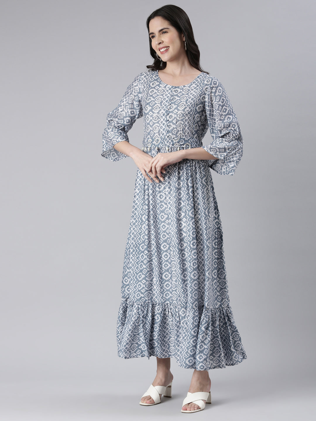 Neerus Blue Maxi Casual Printed Dresses