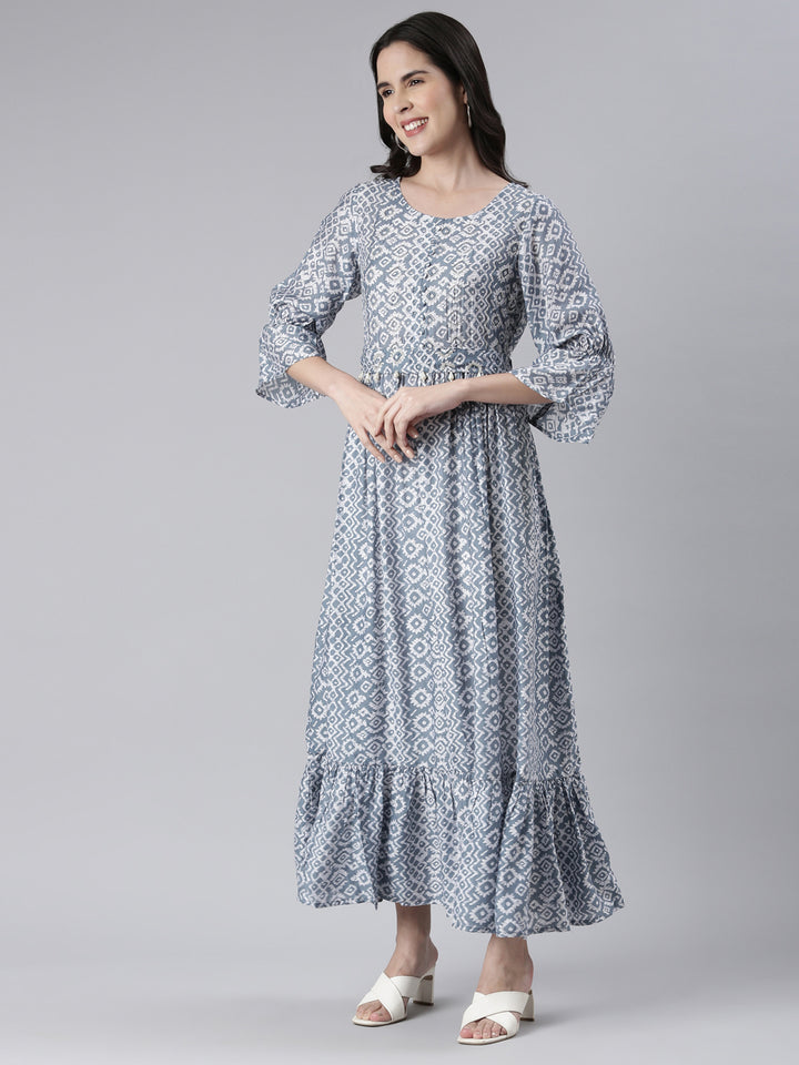 Neerus Blue Maxi Casual Printed Dresses