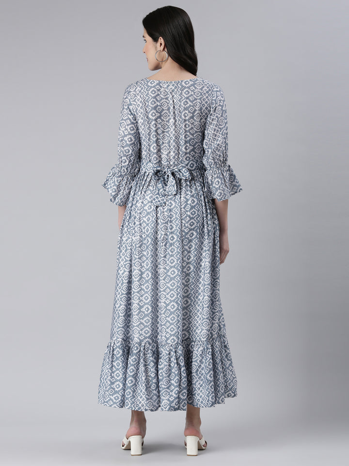 Neerus Blue Maxi Casual Printed Dresses