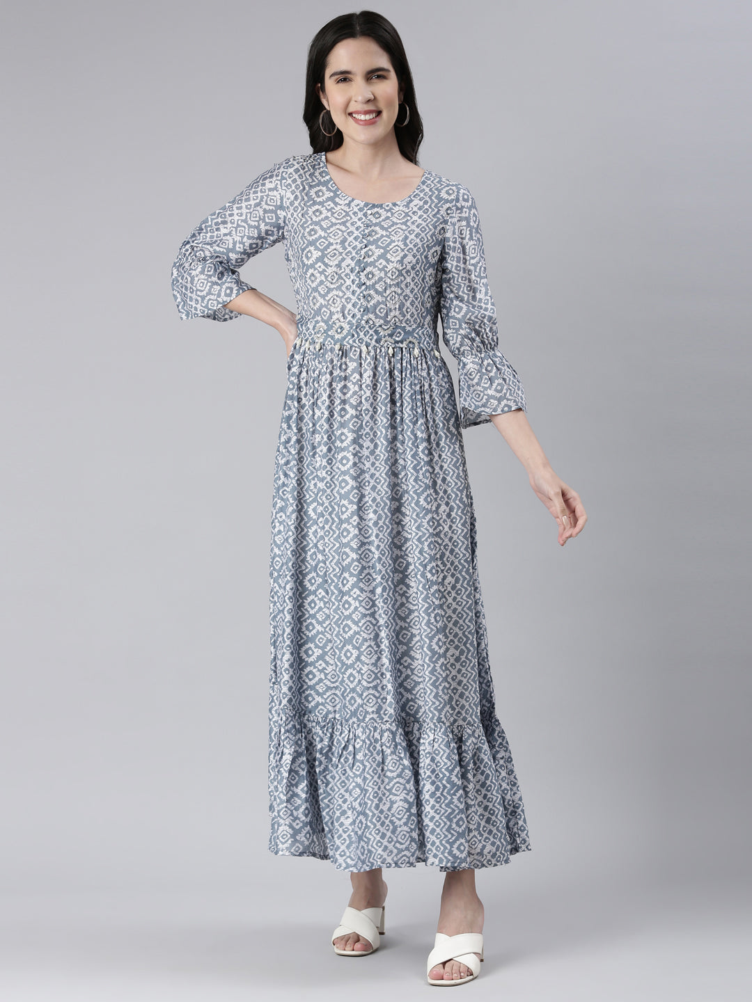 Neerus Blue Maxi Casual Printed Dresses
