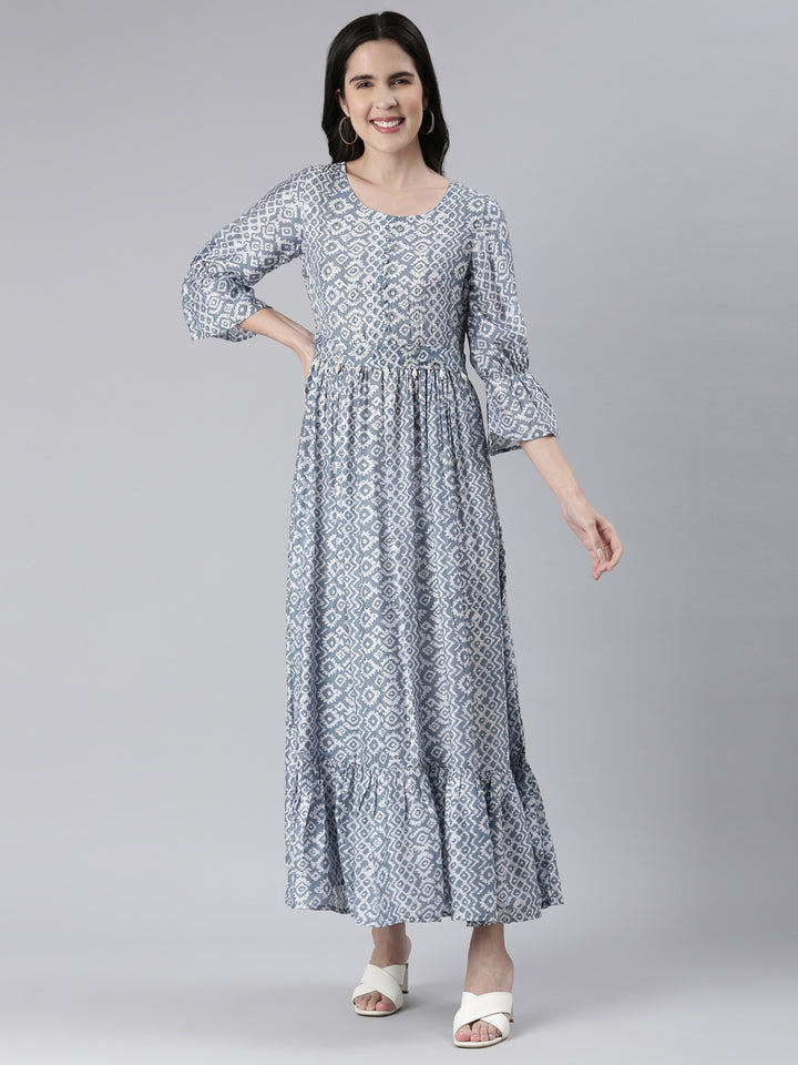 Neerus Blue Maxi Casual Printed Dresses