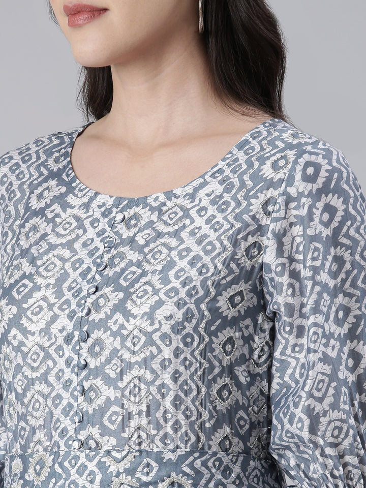 Neerus Blue Maxi Casual Printed Dresses