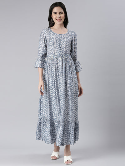 Neerus Blue Maxi Casual Printed Dresses