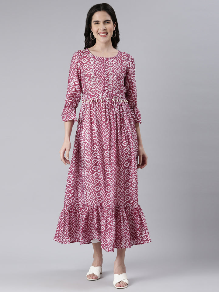 Neerus Maroon muslin printed maxi dress - front view