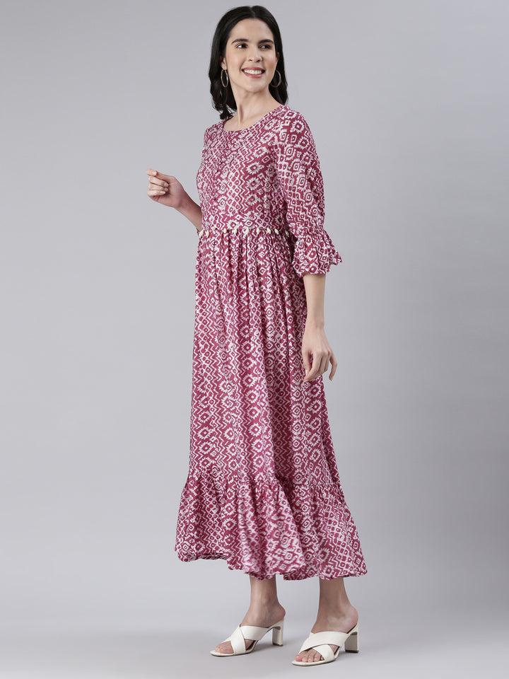 Neerus Maroon muslin printed maxi dress - back view