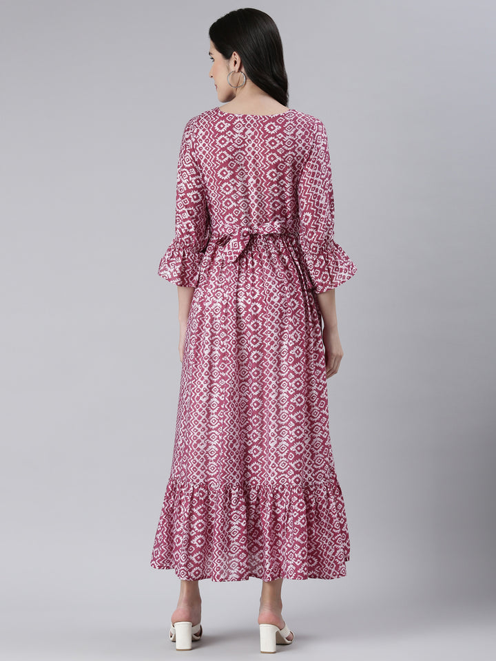 Neerus Maroon muslin printed maxi dress - side view