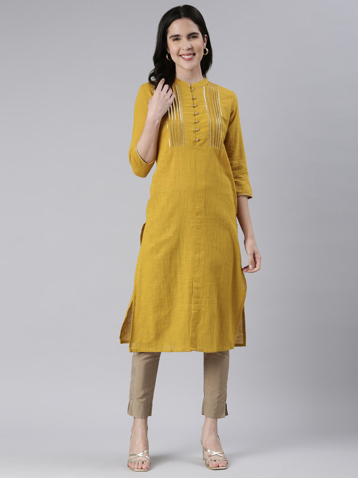 Neerus Yellow cotton solid straight kurta - detail view 2
