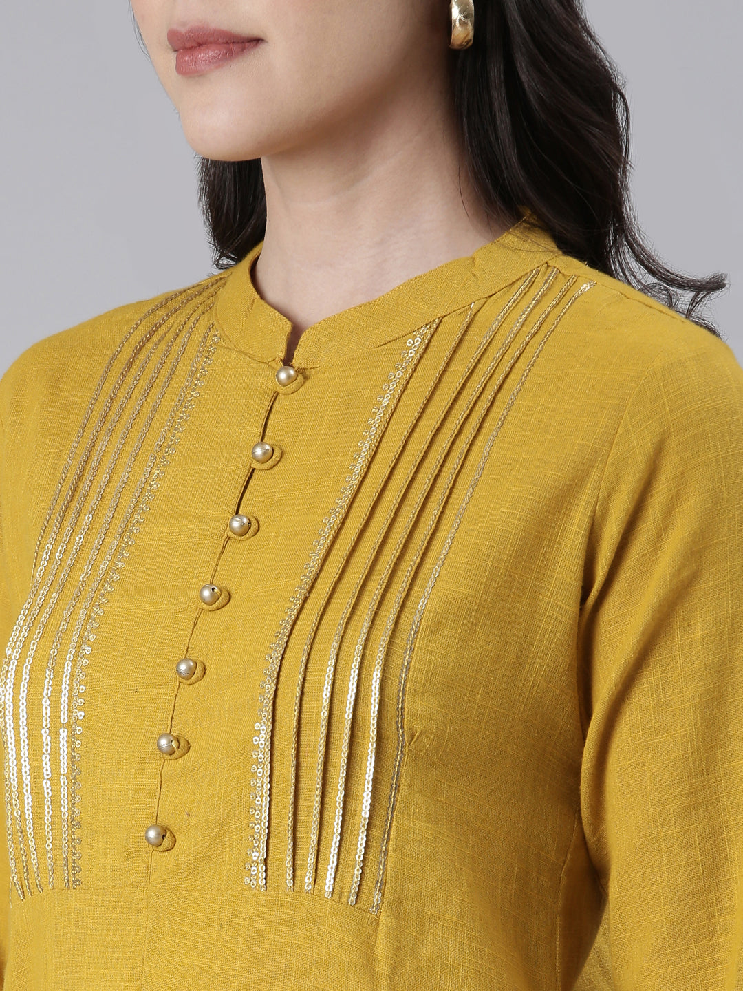 Neerus Yellow cotton solid straight kurta - detail view 1