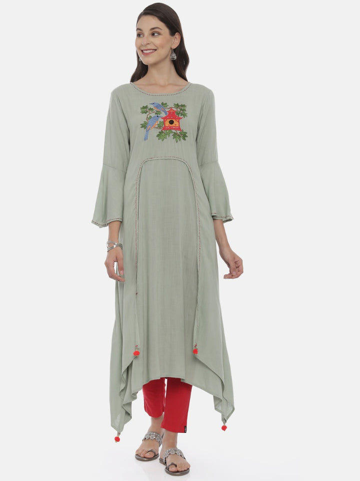 Neerus Green Embroidered High Low Kurta