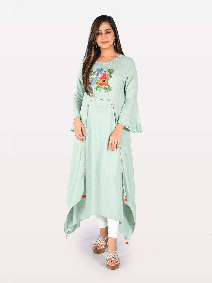 Neerus Green Embroidered High Low Kurta