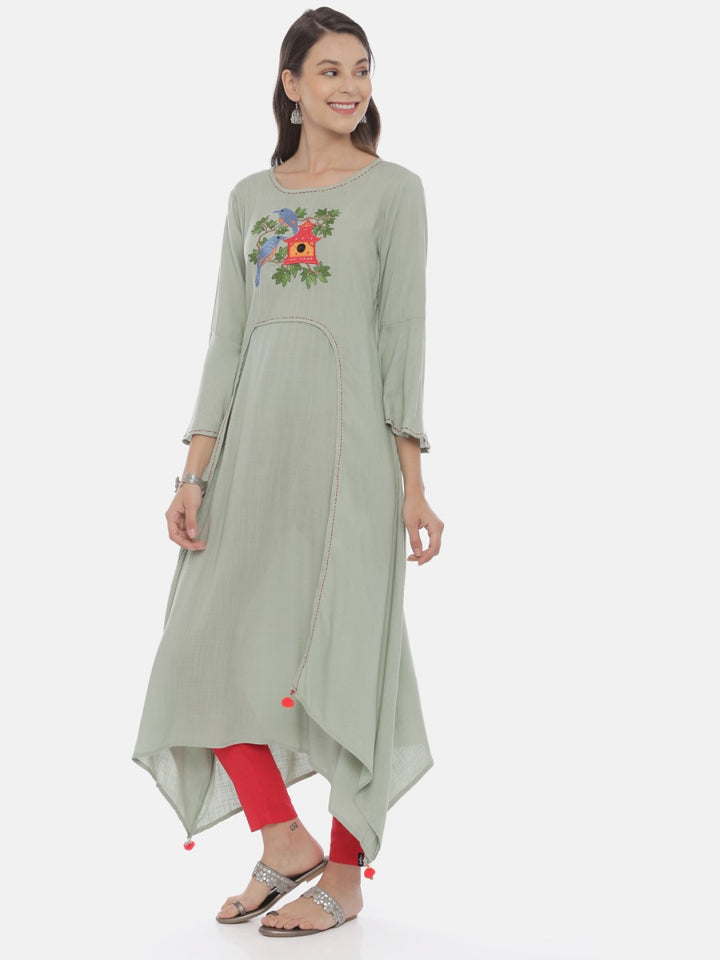 Neerus Green Embroidered High Low Kurta