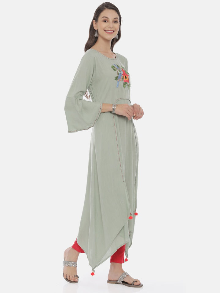 Neerus Green Embroidered High Low Kurta