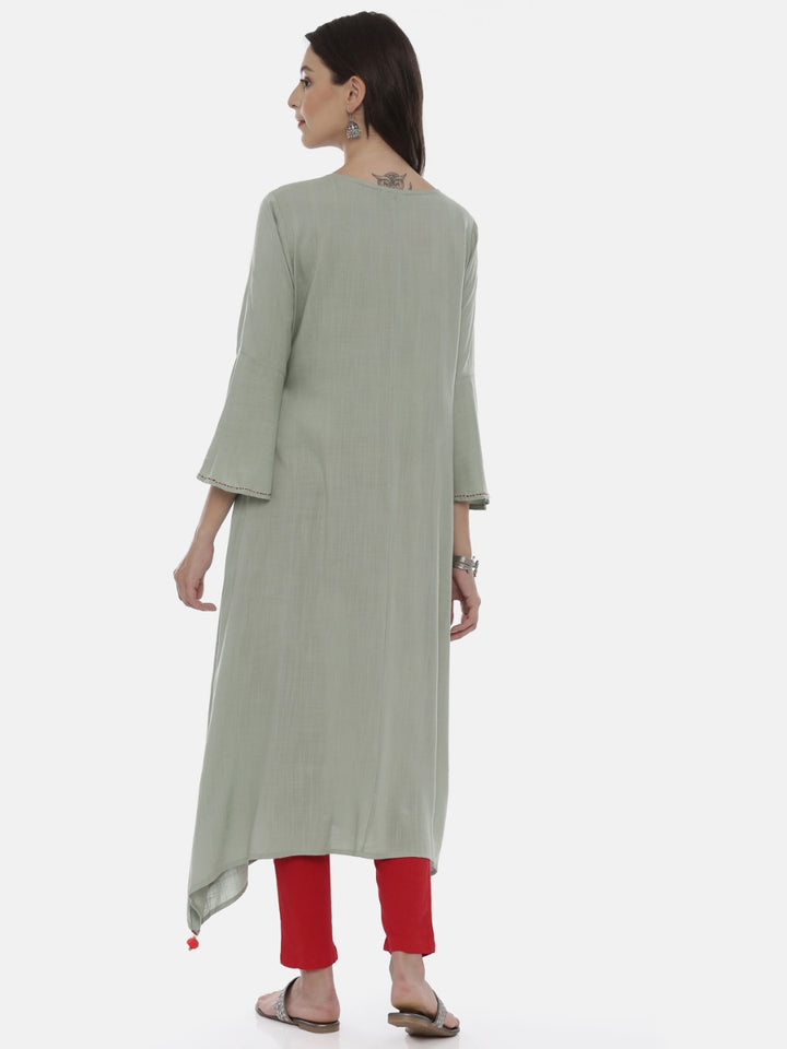 Neerus Green Embroidered High Low Kurta