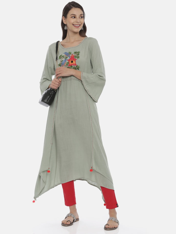 Neerus Green Embroidered High Low Kurta