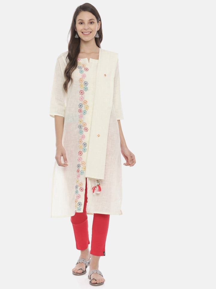Neerus Beige cotton embroidered kurta - front view