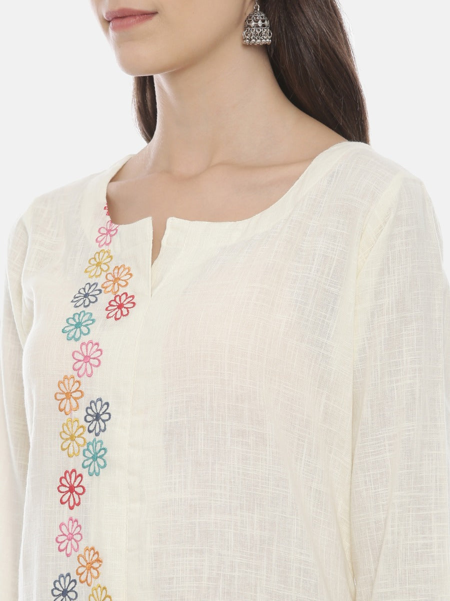Neerus Beige cotton embroidered kurta - back view