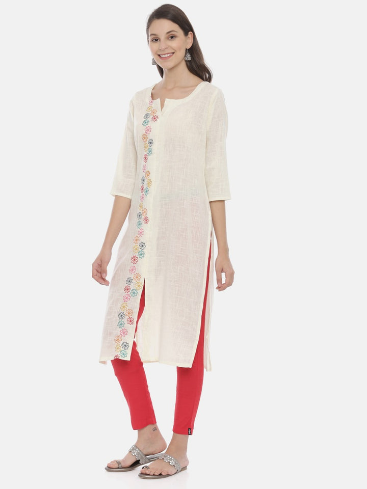 Neerus Beige cotton embroidered kurta - side view