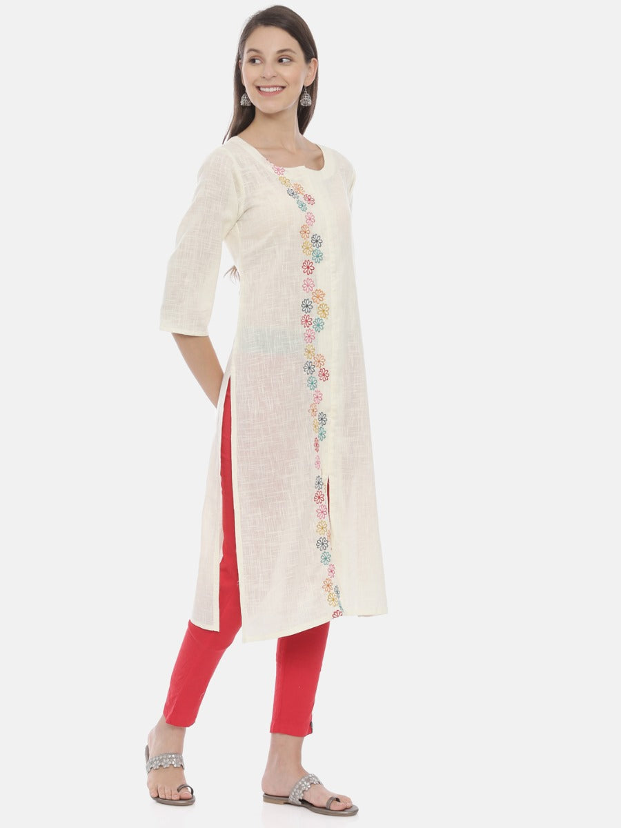 Neerus Beige cotton embroidered kurta - detail view 1